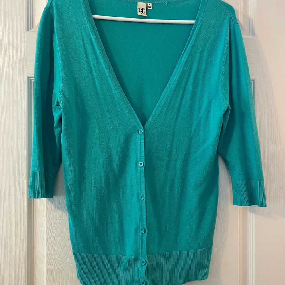 14th & Union Teal Cardigan Sweater V-Neck Lightweight Knit